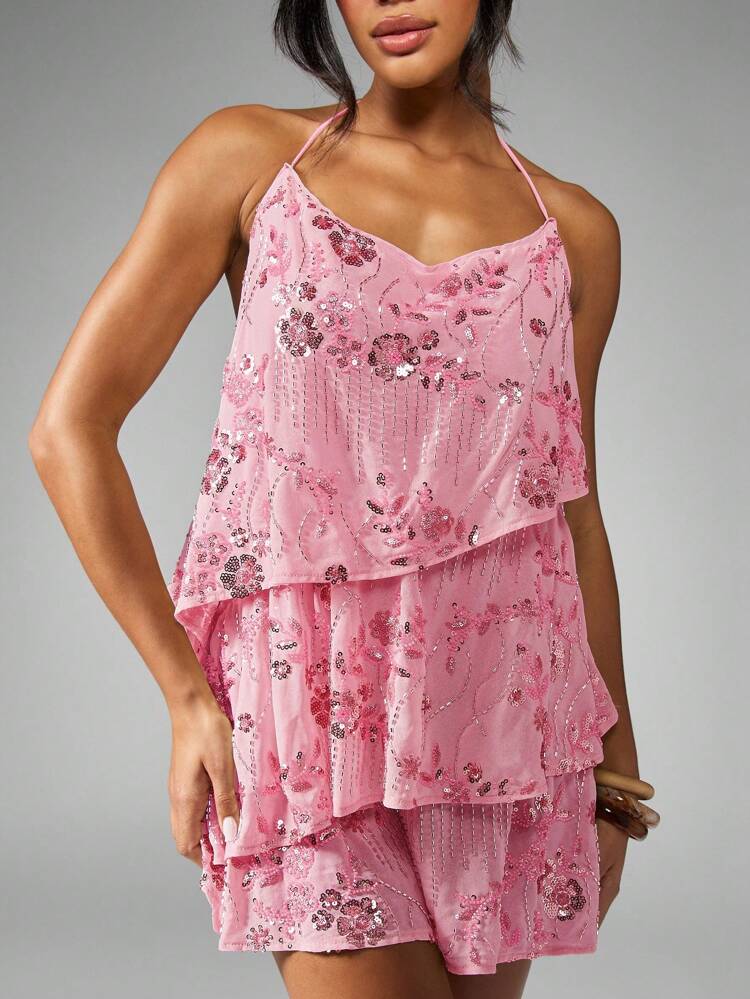 MISSGUIDED Sequined Floral Tiered Mini Dress With Ruffles