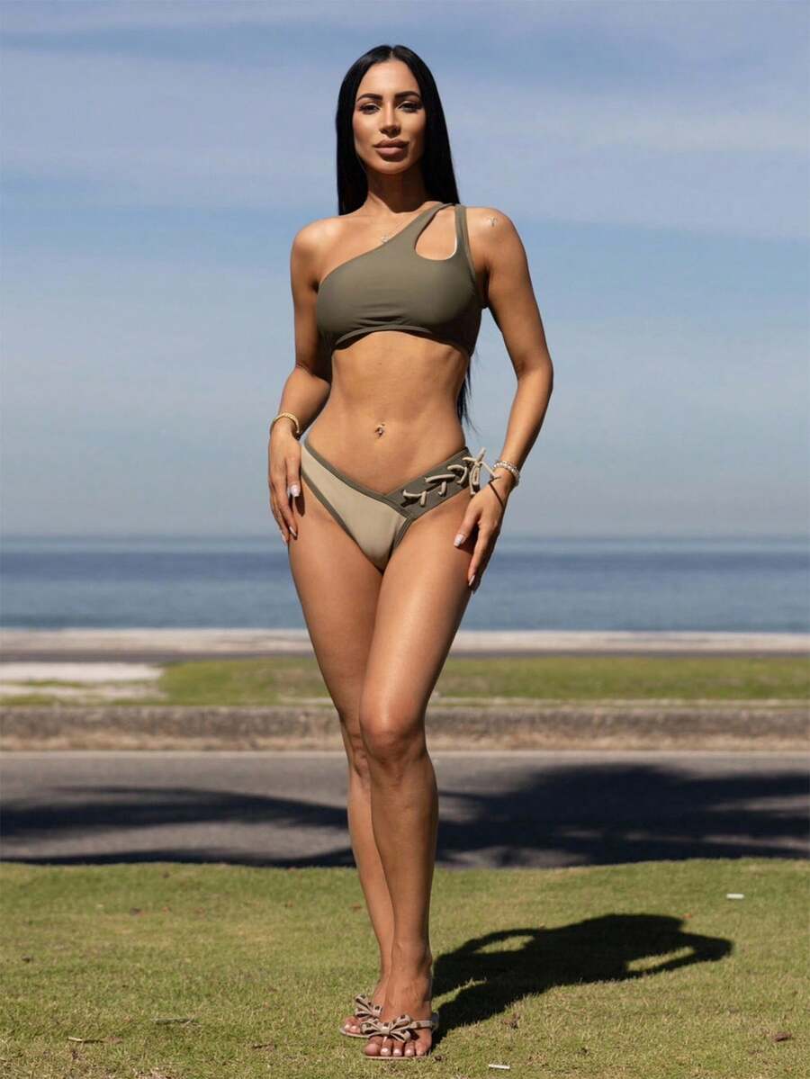 Carolina Barros Đường viền cổ bất đối xứng Rỗng màu trơn buộc phong cách ngày lễ Bộ bikini đi biển mùa hè - Nhiều màu - Xem 1