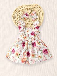 SHEIN 女婴 2 件套夏季连衣裙，带短袖、细肩带、可爱水彩花卉印花和发带