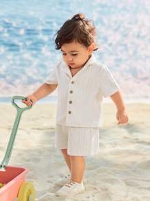 Cozy Pixies Set de 2 piezas de jersey de punto suave de cuello polo y pantalones cortos de cintura elástica para bebé niño - Albaricoque - Ver 6