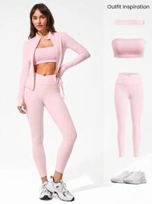 GLOWMODE FeatherFit™ Cool Contour Sweat-Wicking Stretchy Side Drawstring Slim Fit Jacket With Thumbholes Zipper Guard Low-Impact Yoga Pilates Barre Studio Daily Casual Wear - Baby Pink - View 6