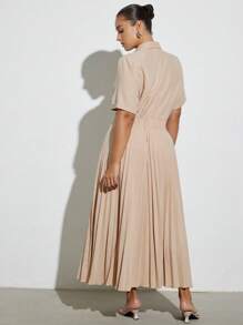 Aveloria Modichic Casual Short Sleeve Crew Neck Dress With Pleated Hem, Elegant And Minimalist Office Style - Khaki - View 3