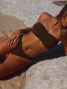 SHEIN Swim 女士 2 件纯色比基尼泳装套装，抹胸上衣和三角泳裤 - 棕色 - 查看 1