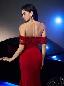 Glamrae Minimalist Elegant Fashion Red Mesh Rhinestone Embellishment Off-The-Shoulder Deep V-Neck Mermaid Hem Women's Formal Evening Gown, Dress - Red - View 7