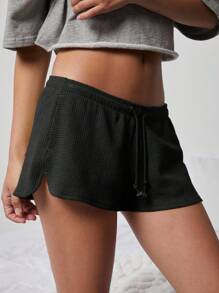 WESTFADE 可爱中腰系带纹理针织休闲短裤 - 黑色 - 查看 9