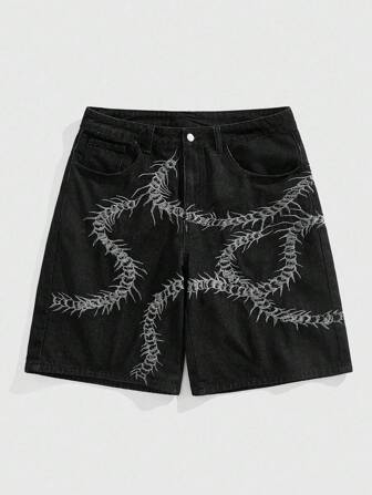 Anime Pantalones cortos vaqueros casuales con estampado de ciempiés, de bolsillo, sueltos y de pierna ancha para hombre