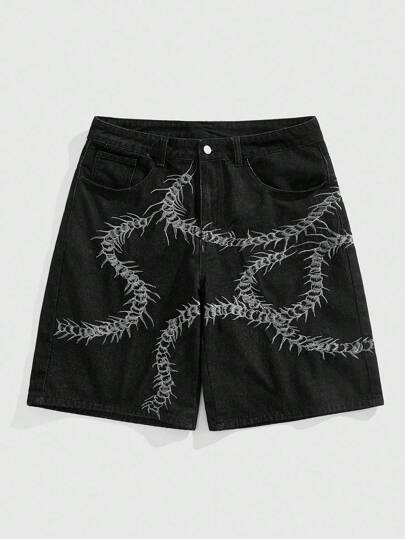 Goth Men's Centipede Print Pocket Loose Wide Leg Casual Denim Shorts