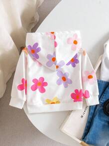 SHEIN Playful Pals 寶寶女孩休閒運動彩色花卉圖案帽衫，帶帽長袖衛衣，適用於日常穿著和外出活動