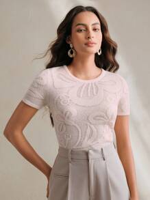 Anewsta Knit Jacquard Floral Pattern Pullover Sweater Top - Pink - View 5