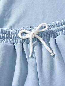 SHEIN 少女 2 件套灰色针织休闲宽松美式英语标语印花圆领短袖 T 恤和印花短裤，适合夏季街头运动 - 淺藍色 - 查看 6