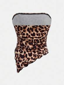 SHEIN Girlism Tween Girls Y2K 街头服饰短款褶皱不对称下摆豹纹修身背心和双层荷叶边针织短裙短裤套装，舒适高弹力开学装 - 黑色 - 查看 7