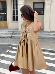 Serisse Women's Summer Casual Hollow Embroidery Mini Dress Brown - Khaki - View 1