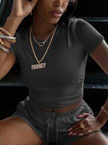 INAWLY Solid Tee & Drawstring Waist Shorts For Summer - Grey - View 4