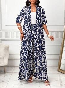 SHEIN Lady Bộ đồ hai mảnh in họa tiết hoa thanh lịch mùa thu đông dài tay dành cho nữ & Áo dài dệt họa tiết da báo Quần dài cho nữ Bộ đồ nghỉ mát và giải trí hai mảnh dành cho nữ - Xanh và trắng - Xem 4