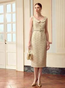 ZEYLAH Women's Peter Pan Collar Button Detail Fitted Elegant Sleeveless Dress