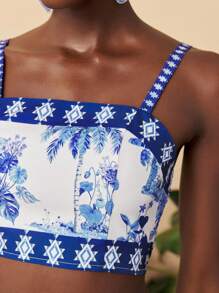 Travachic Woven Printed Cropped Tank Top & Loose Long Shacket & High Waist Wide Leg Pants - Blue and White - View 6