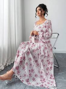 Elenzga 大码女式花卉印花方领灯笼袖荷叶边下摆优雅连衣裙 - 白色 - 查看 6