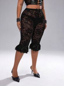 Whyspr Plus Size Women Elastic Waist Bow Lace Trim Hem Sheer Sexy Party Stylish Shorts - Black - View 6