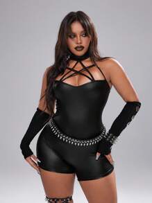 Whyspr Plus Size Women's Spring Summer Stand Collar Pentagram Webbing Hollow Out Sexy Skinny PU Faux Leather Elegant Cool Punk Casual Party Jumpsuit - Black - View 6