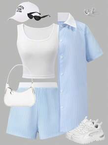 Conjunto de 3 piezas para adolescentes: Camisa a rayas + Chaleco + Pantalones cortos - Azul - Ver 3