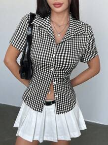 Sweetra 复古港风格子印花束腰百搭休闲 Polo 领短袖衬衫，女式，春夏 - 黑與白 - 查看 6