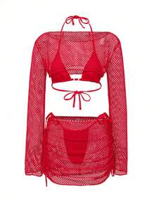 Swim SXY 女士红色网眼性感比基尼套装 4 件套，纯酒红色，沙滩泳装 - 酒紅色 - 查看 4