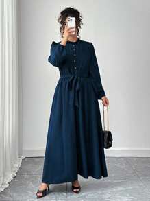 Elenzga Plus Size Women's Bowknot Collar Long Sleeve Romantic Dress, Elegant & Stylish For Commute, Casual Outing, Holiday Wear, Spring Fall Cloth For Women - Navy Blue - View 5