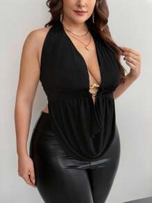 Firerie Top de tirantes sexy y elegante con cuello drapeado, detalle metalizado y plisado para mujer talla grande - Negro - Ver 3