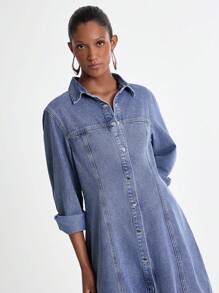 Daynim 女士休闲长袖牛仔通勤连衣裙 - 中等水洗藍 - 查看 2
