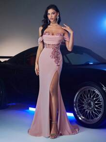 Glamrae Eleganter luxuriöser rosa gerüschter gestrickter Meerjungfrauen-Rock mit glamouröser 3D-Blumenapplikation mit Pailletten, geeignet für Wettbewerbe, Hochzeit, Party, Urlaub, Abiball, Abendkleid (stark verziert)