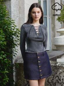 lacRébo Washed Black Rib Knit Cotton Fitted Top With Lace-Up Front Detail Fall Women Clothes Back To School Top Autumn Winter