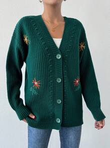 EURMUSE Women Embroidery Decor Simple Daily Wear Long Sleeve Knit Cardigan - Green - View 3