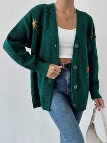 EURMUSE Women Embroidery Decor Simple Daily Wear Long Sleeve Knit Cardigan - Green - View 5