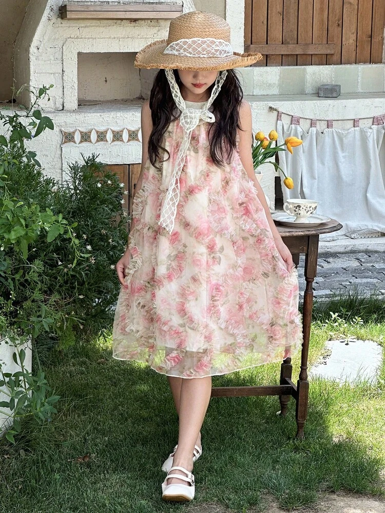 Tween Girl Sleeveless Round Neck Camisole Dress, For Summer, Back To School Clothes