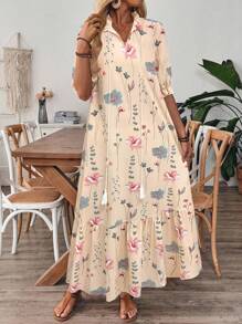 SHEIN LUNE V-Neck Printed Ruffled Hem Casual Vacation Midi Dress With Drawstring - Multicolor - View 3