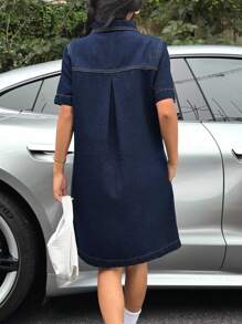 Muchica 女式休闲水洗牛仔短袖连衣裙 - 深色水洗藍 - 查看 2
