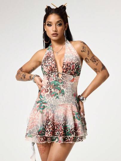 ROMWE Avant Vestido mini de mujer con estampado de leopardo y dragón y dobladillo con volantes, estilo chic Y2K