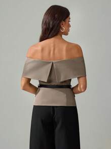 SHEIN Tall 女士单肩齐地优雅西装，收腰老款风格办公室仙女 - 卡其色 - 查看 2