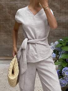 DAZY 2pcs Women Summer Minimalist Solid Color Textured Batwing Sleeve Top And Pants Set