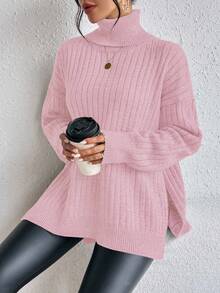 SHEIN Clasi Solid Color Ribbed Turtleneck Slit Long Sleeve Sweater Knit Pullover Fall Winter - Pink - View 5