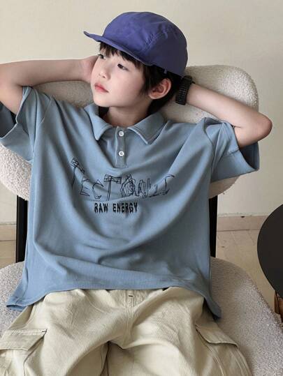 Dazy Kids 秋季儿童加大码男童翻领印花短袖 Polo 衫