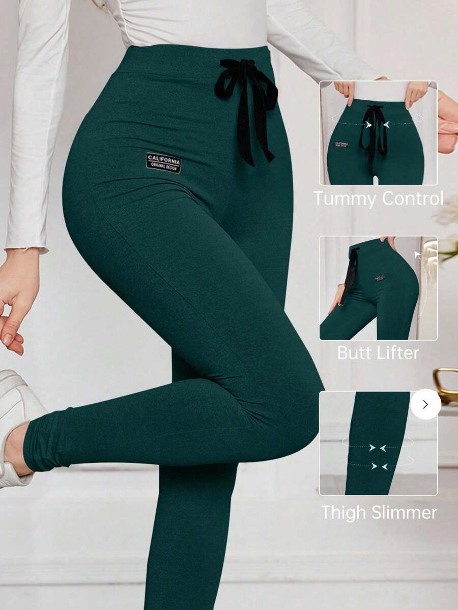 Modelyn Women's Letter Patched Drawstring Tight Skinny Comfortable Leggings Fall Cloth For Women - Dark Green - View 1