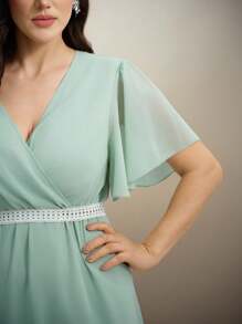 SHEIN Clasi Plus Size Elegant Women Chiffon Patchwork Lace Trim Waist Flattering Ruffle Sleeve Midi Dress - Green - View 3