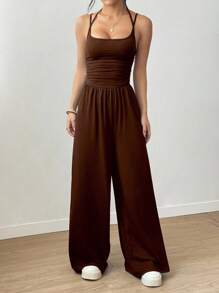 SHEIN Unity Spring & Summer Casual Pleated Wide Leg Jumpsuit, Loose Fit
