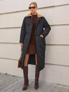 CLARA VERO Women's Thick Padded Coat, Long Length, Velvet Collar, Pockets And Oversize Style, Autumn/Winter Clothes - Black - View 1