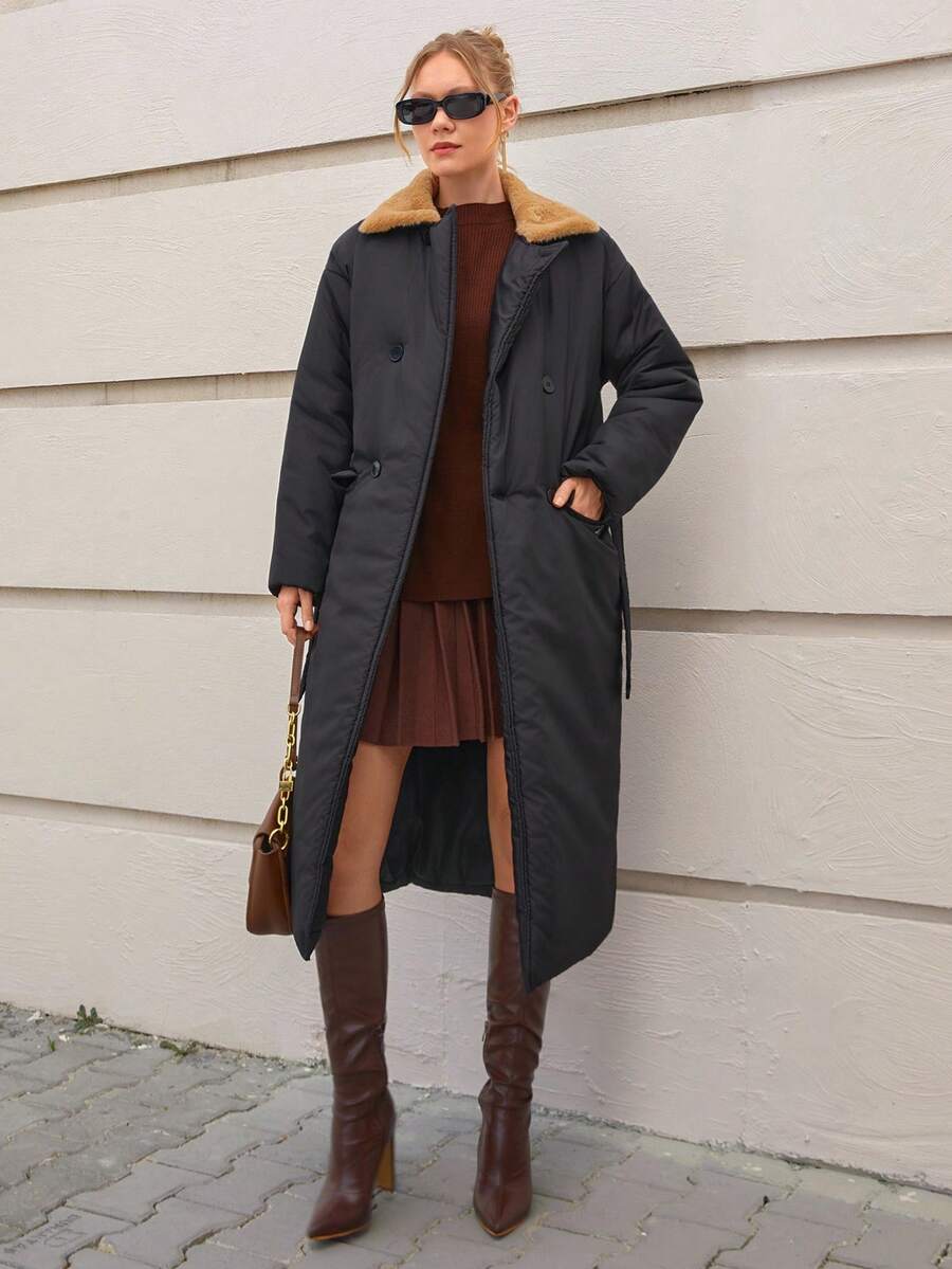CLARA VERO Women's Thick Padded Coat, Long Length, Velvet Collar, Pockets And Oversize Style, Autumn/Winter Clothes - Black - View 1