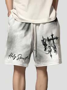 ROMWE MEN Goth Men's Letter Cross Print Pocket Drawstring Waist Loose Casual Shorts - White - View 1