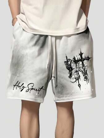 Goth Men's Letter Cross Print Pocket Drawstring Waist Loose Casual Shorts