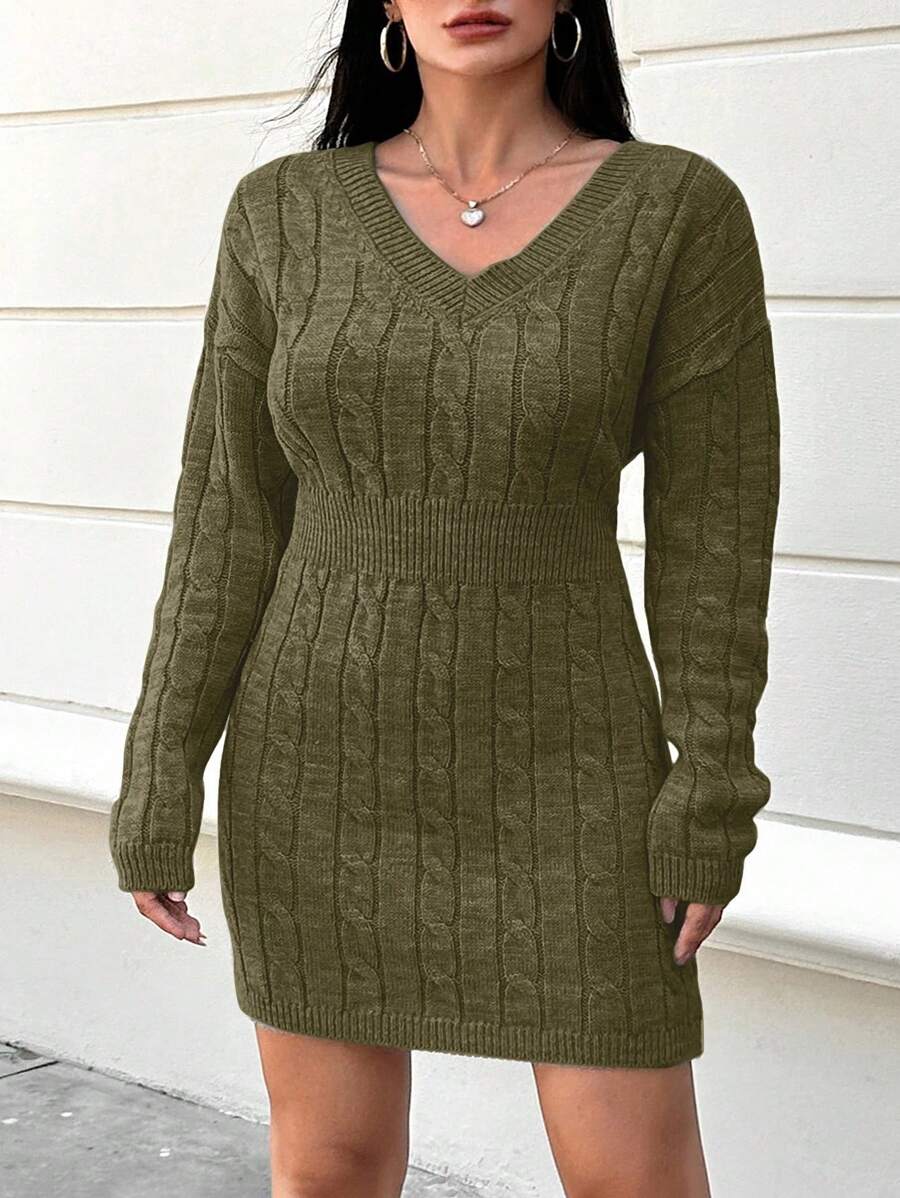 SHEIN Cottnline Plus Size Women'S Drop Shoulder Sweater Dress - Hijau Tentara - View 1