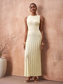 Zivah 纯色褶皱镂空修身优雅无袖针织连衣裙 - 杏色 - 查看 3